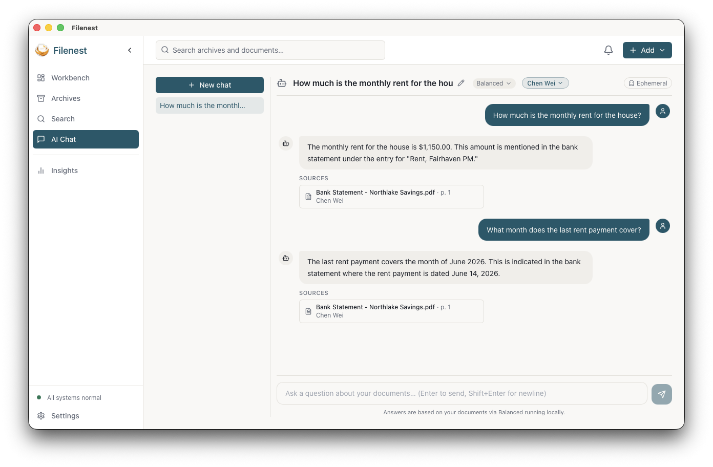 Filenest AI Chat answering questions with cited local document sources