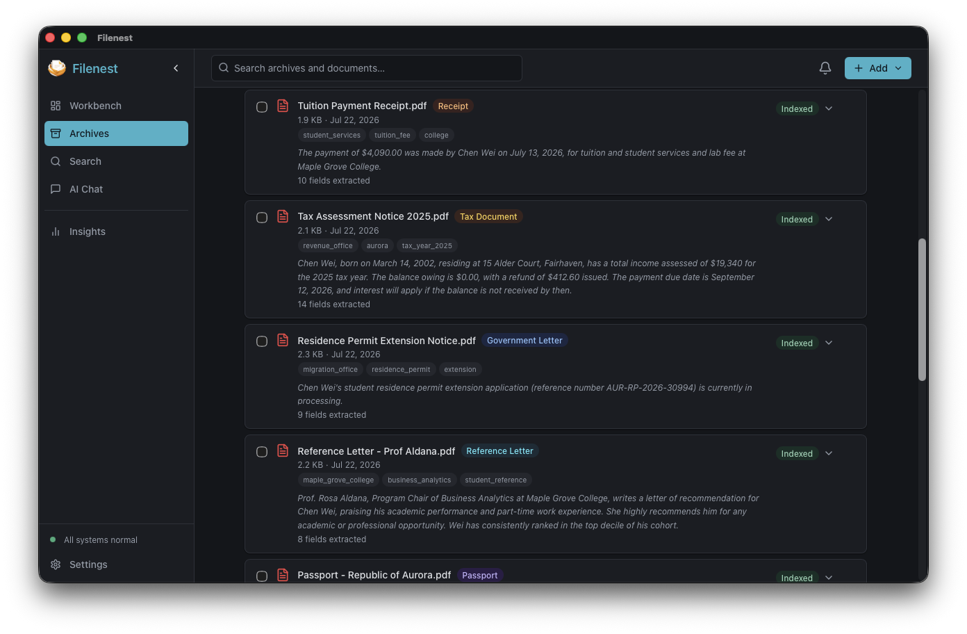 Filenest archive interface in dark mode