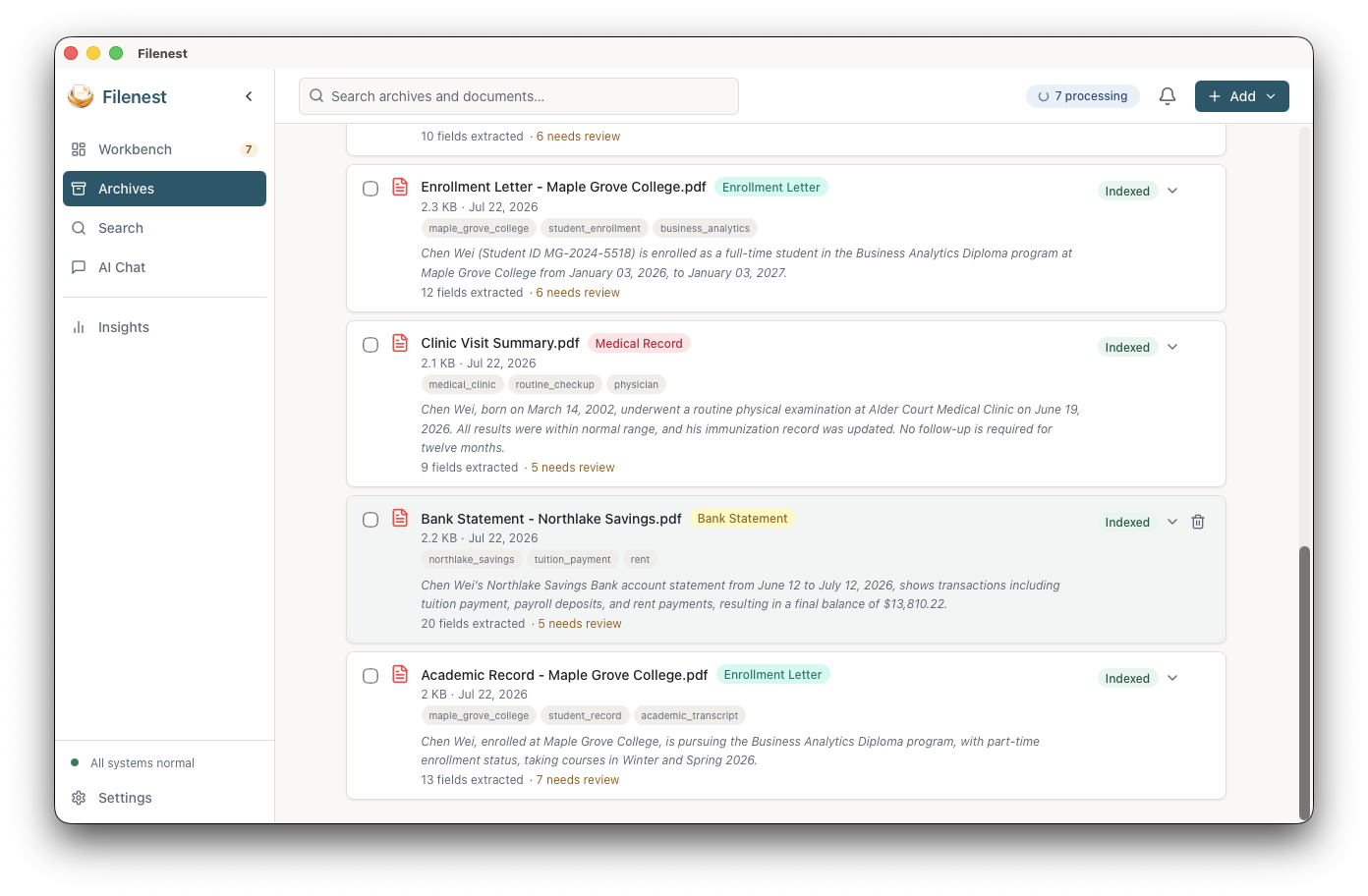 Filenest archive with AI summaries, document types, and extracted tags
