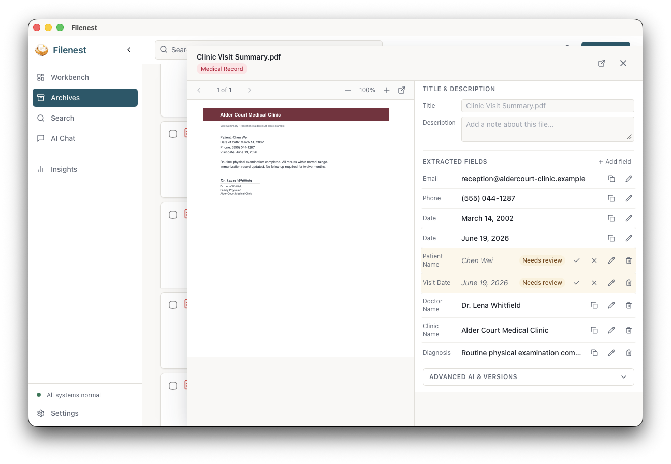 Filenest document preview with extracted fields ready for review