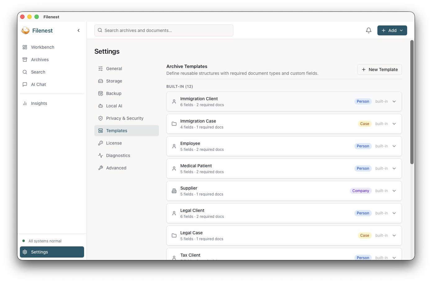 Filenest archive templates for different professional workflows