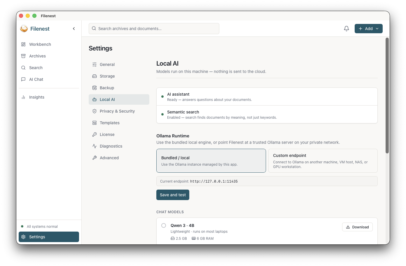 Filenest local AI settings with offline model controls
